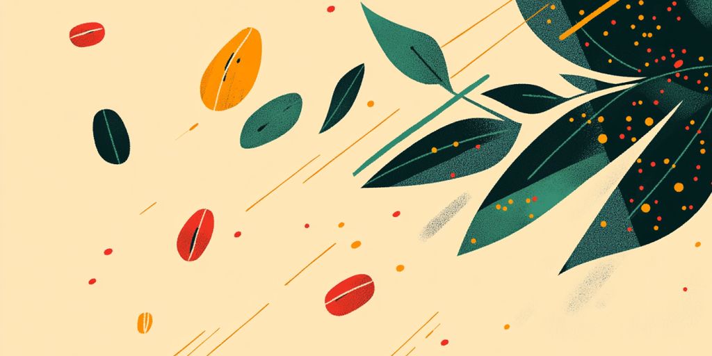 Colorful abstract design featuring leaves and scattered coffee beans.