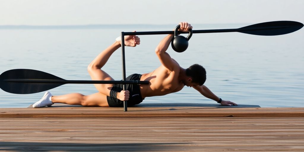 Kayaker performing kettlebell plank row on wooden dock beside lake