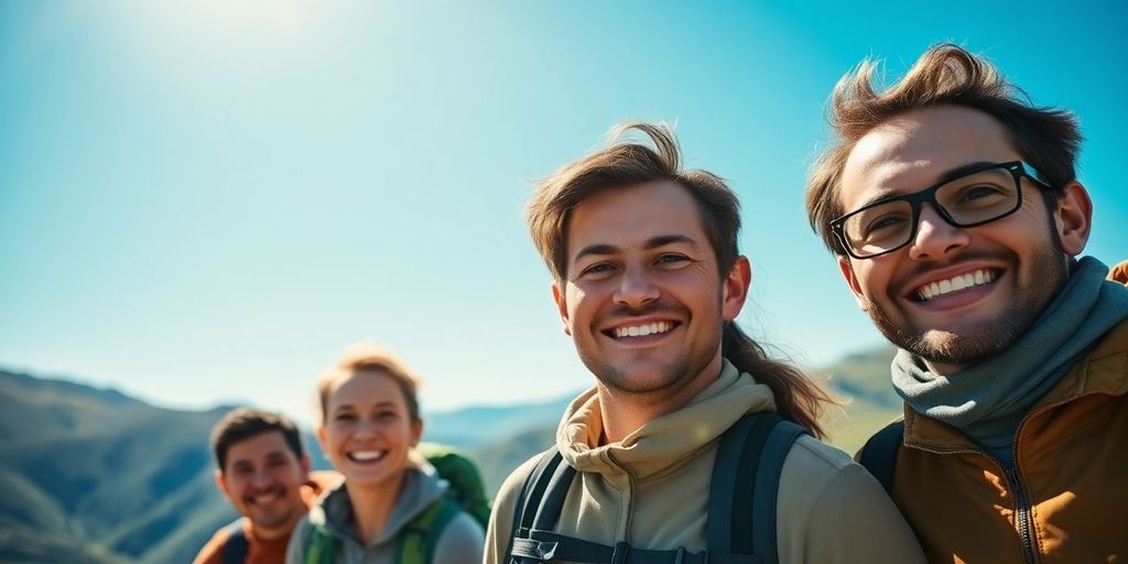Randonneurs souriants dans les Pyrénées verdoyantes, ciel bleu.