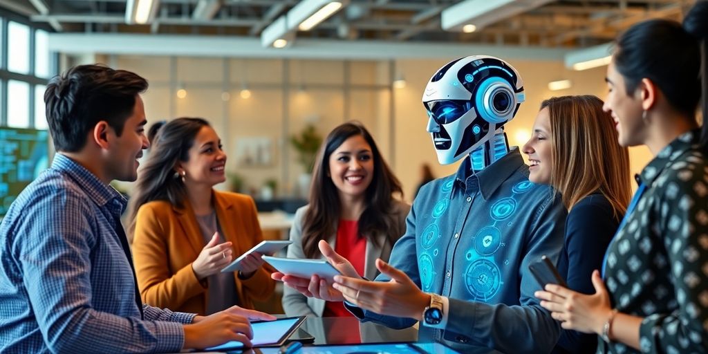 AI sales agent in a lively business meeting environment.