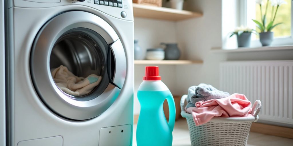 Laundry room with baby clothes and detergent.