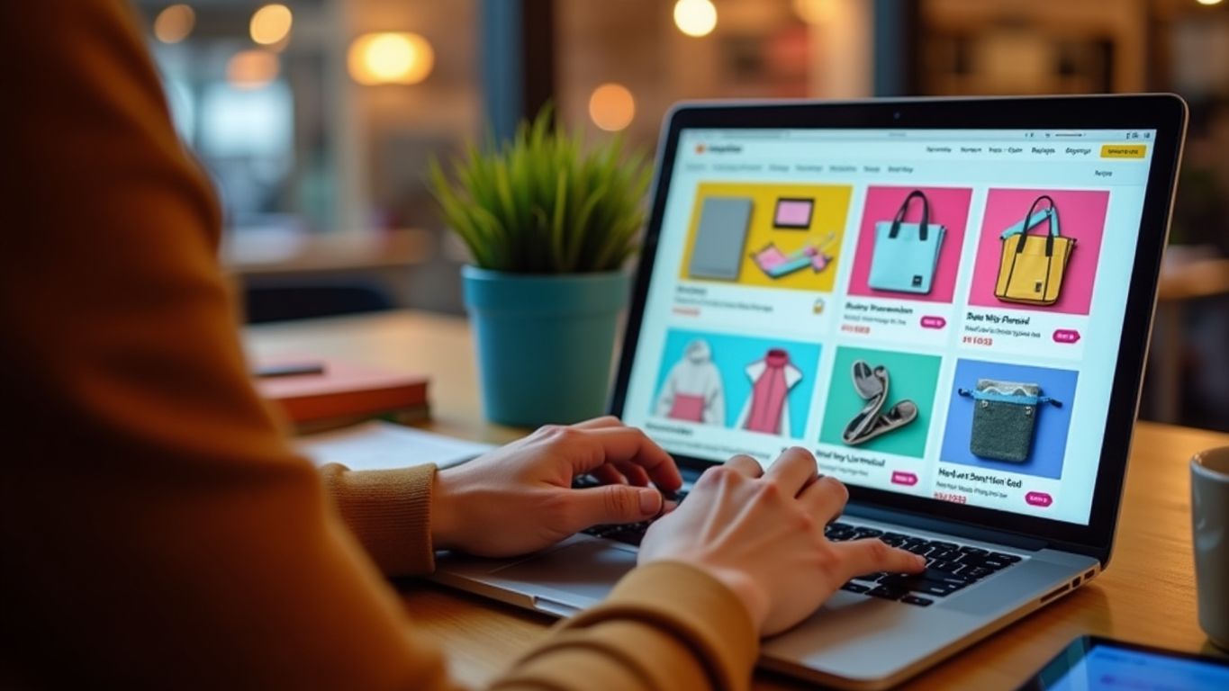 Person using laptop in a colorful workspace with products.