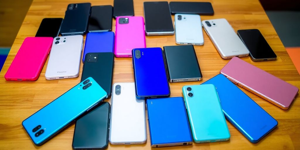Bunte Smartphones auf einem Tisch angeordnet.
