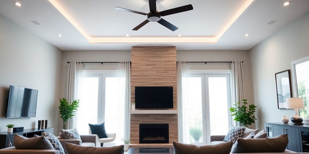 Modern living room with smart home technology devices.