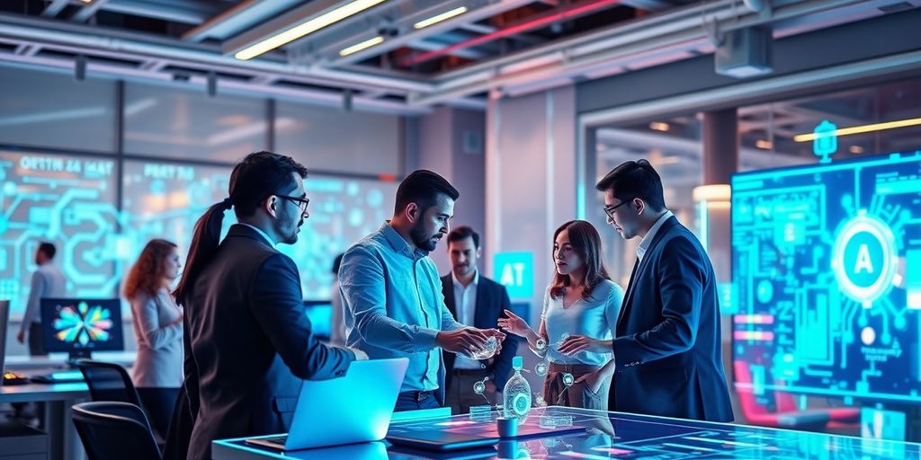 Futuristic business scene with AI technologies and collaboration.