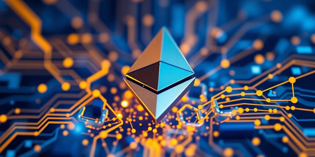 Logotipo do Ethereum em fundo digital dinâmico.