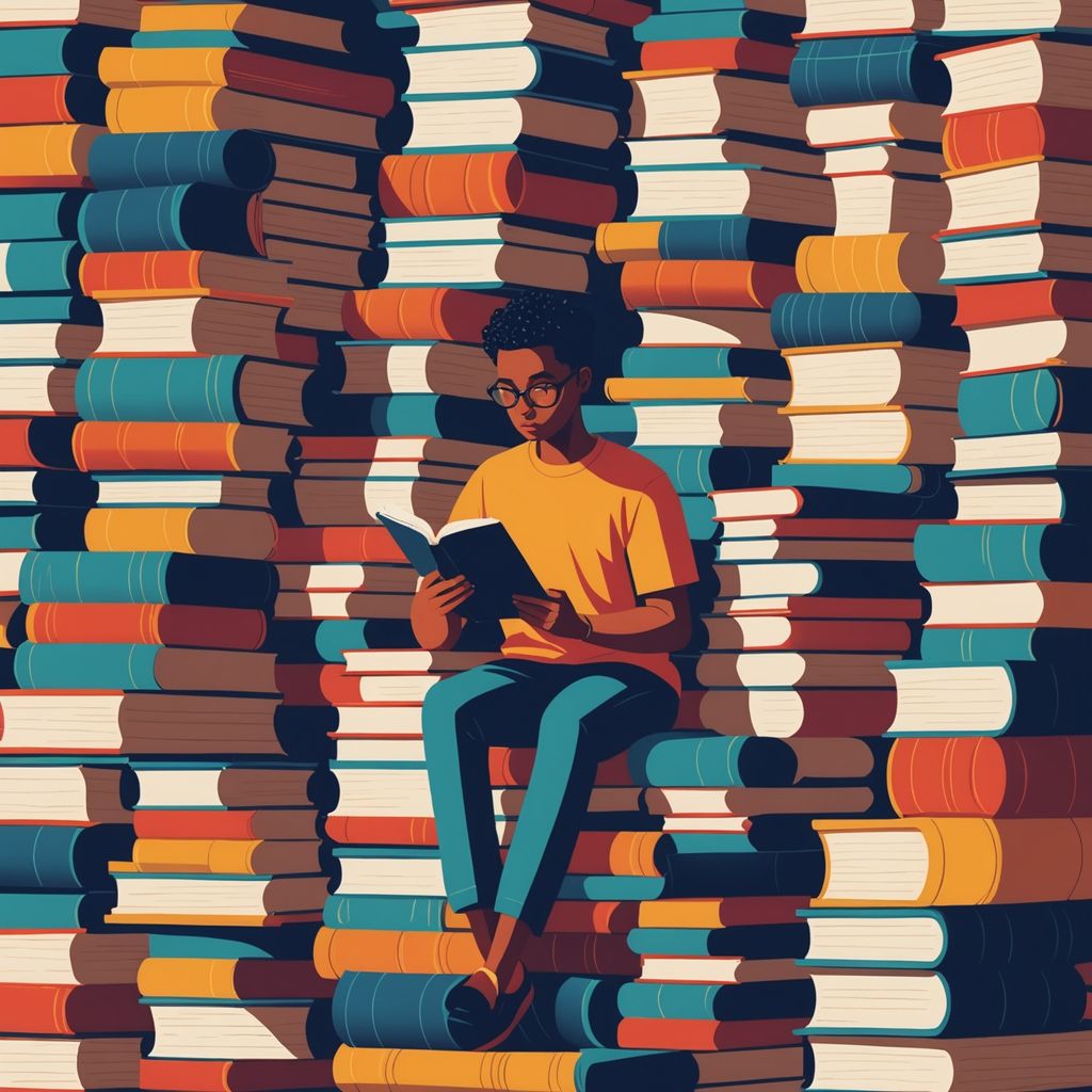 Person reading among stacks of books and papers.