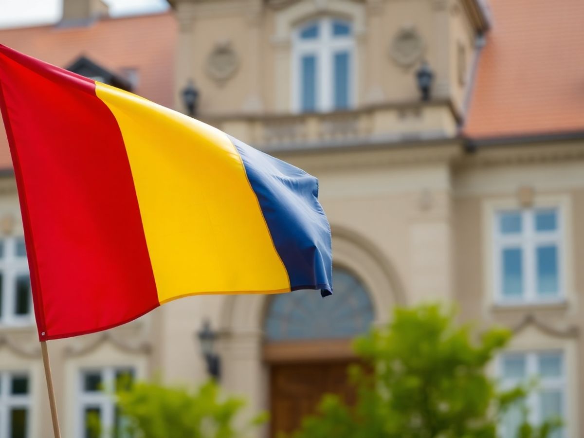 Steag românesc fluturând lângă o clădire guvernamentală.