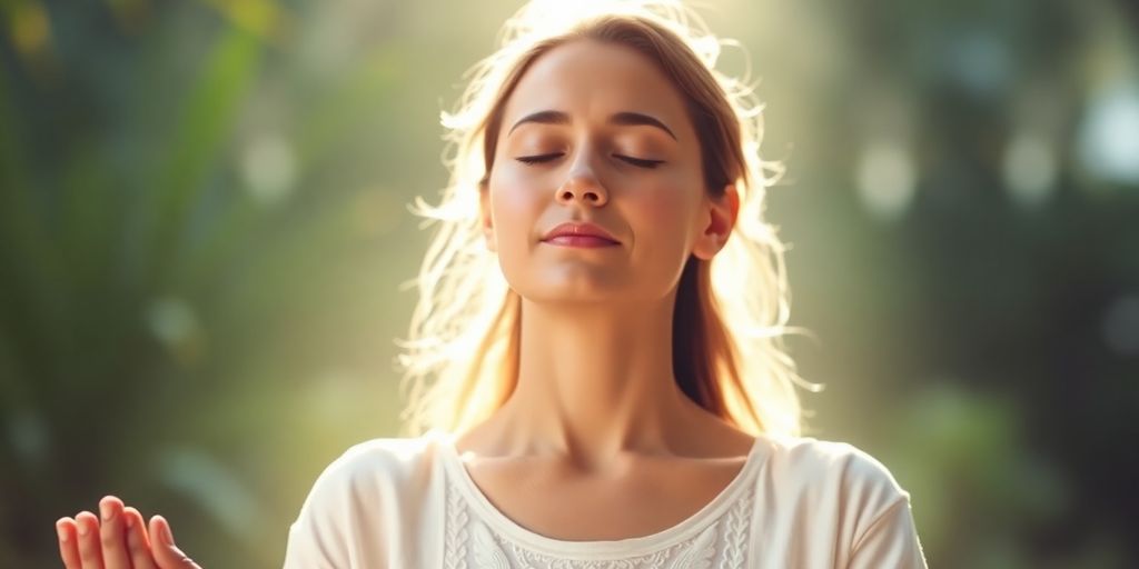 Person meditating with soft light in a tranquil setting.