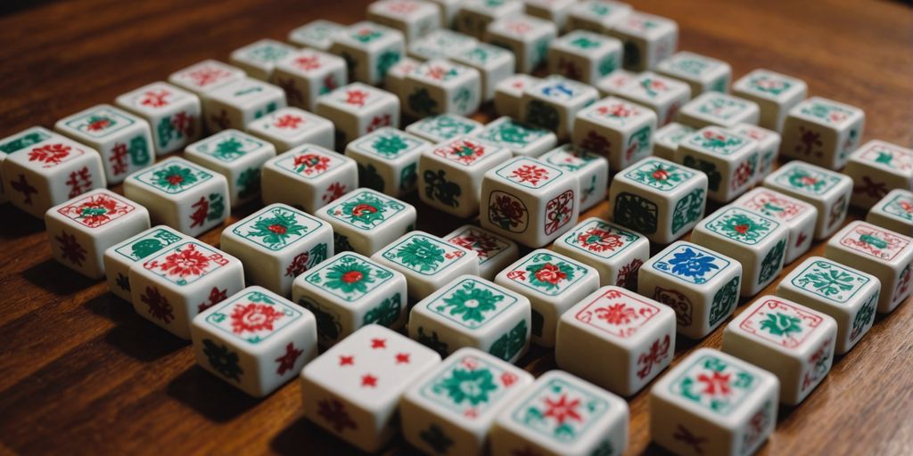Various Mahjong tiles displayed on a wooden surface.