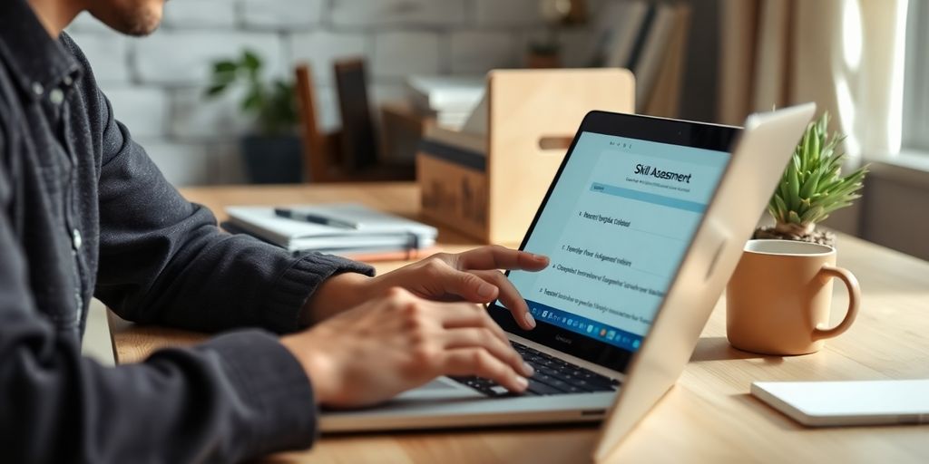 Person focused on skill assessment on a laptop.
