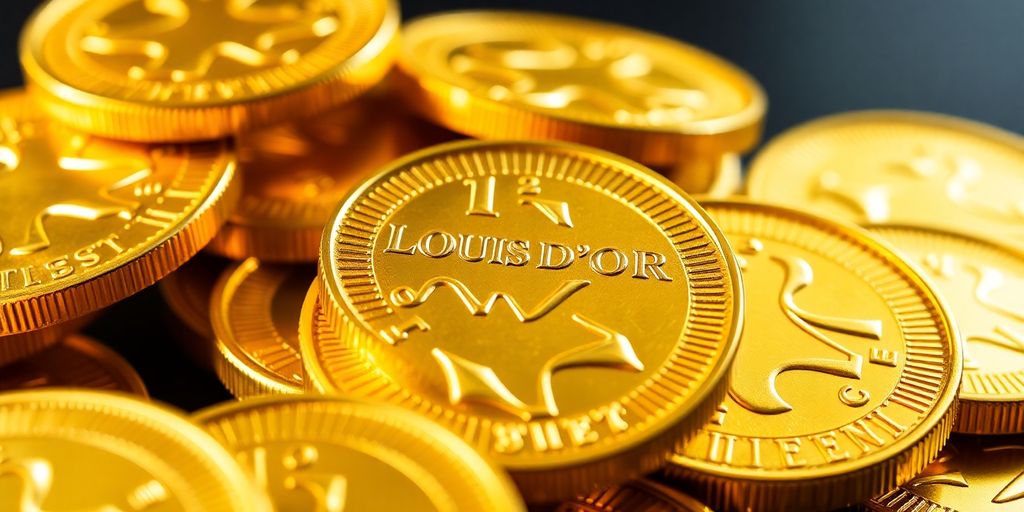 Gros plan sur plusieurs Louis d'or dorés brillants.