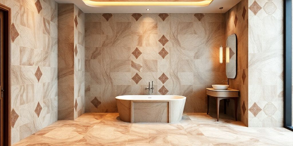 Beautifully tiled bathroom floor and walls.