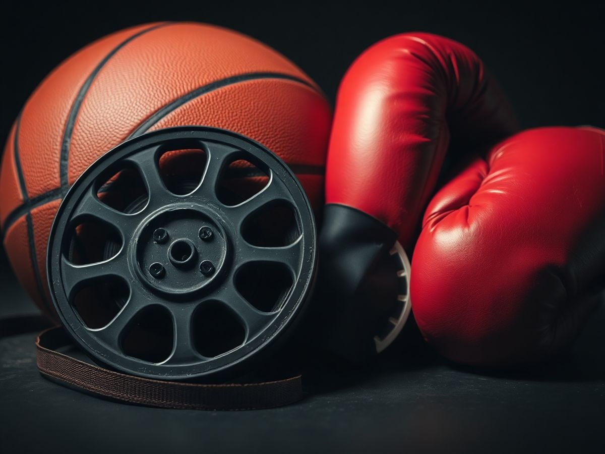 Rolă de film veche lângă echipament sportiv de legendă.