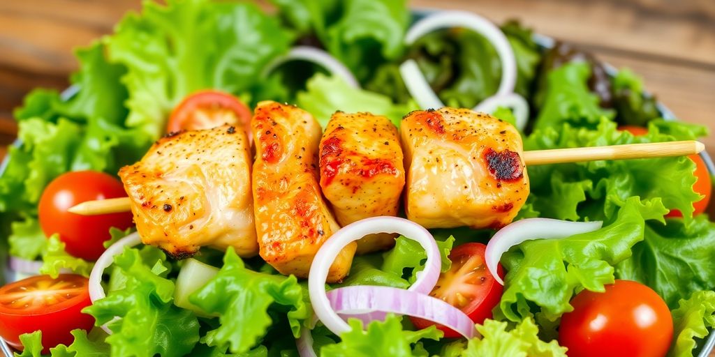 Baharat chicken shish kebab with fresh mixed green salad.