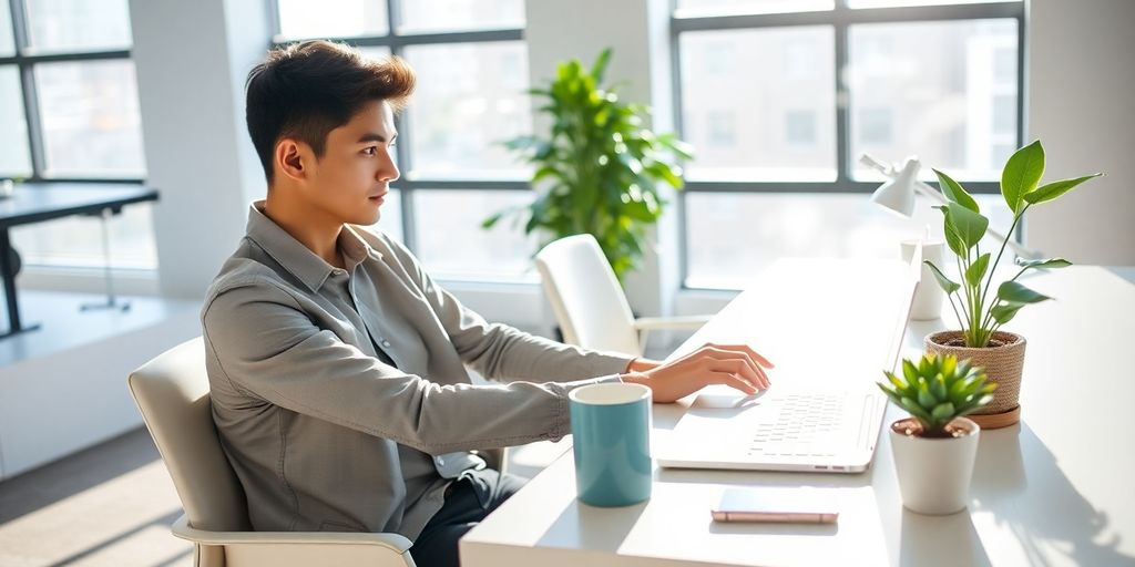 Young digital marketer at desk with laptop, coffee, and smartphone.