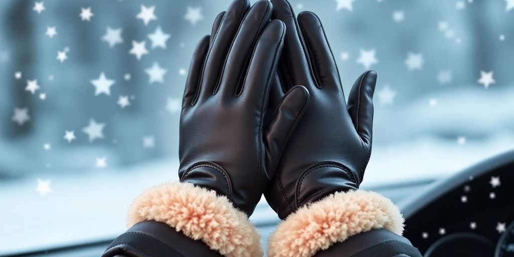 Stylish women's heated driving gloves in a winter setting.
