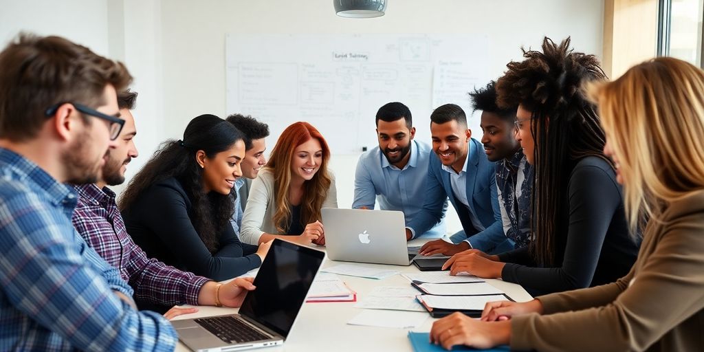 Diverse entrepreneurs collaborating around a table in an office.