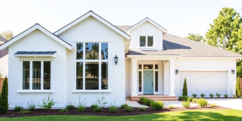 Modern custom home exterior with large windows.