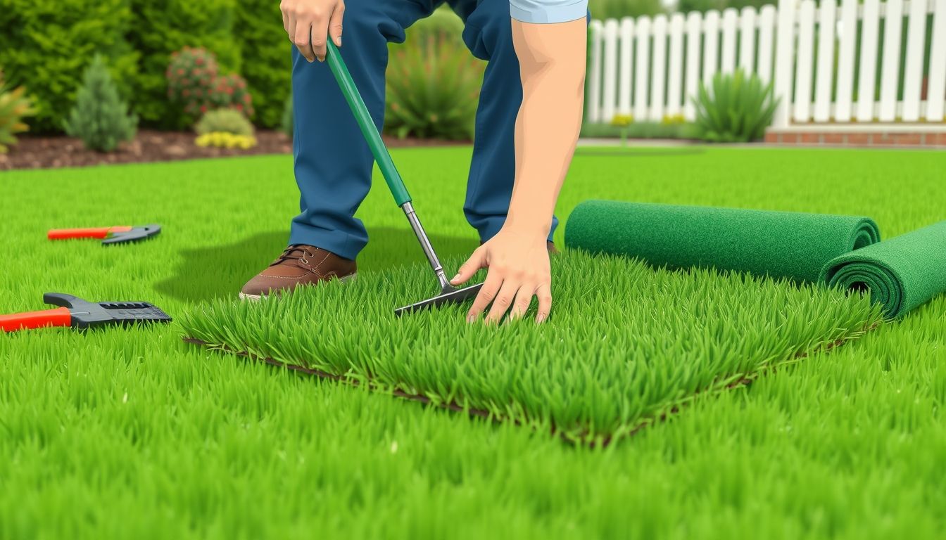Gardener laying fresh green turf