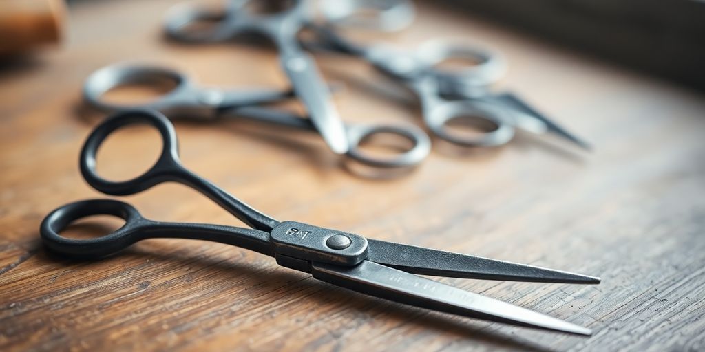 Antique iron scissors on wooden surface with blurred surgical scissors