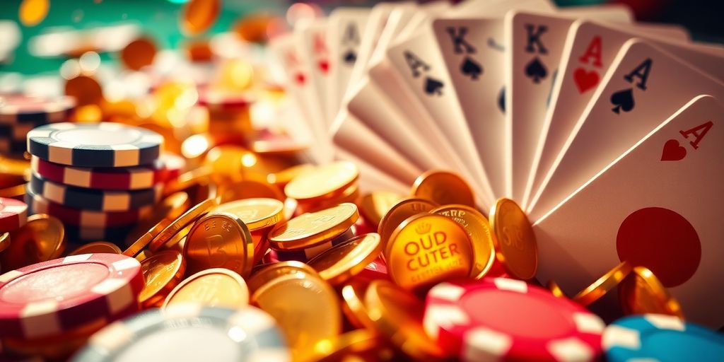 Spinning coins, casino chips, and playing cards.