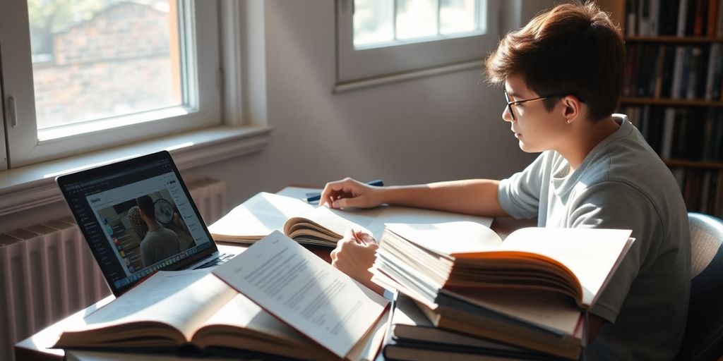Student researching, surrounded by books and data.