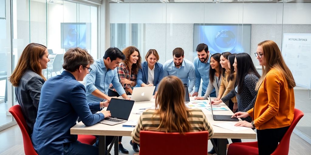 Diverse team collaborating in a modern tech startup environment.