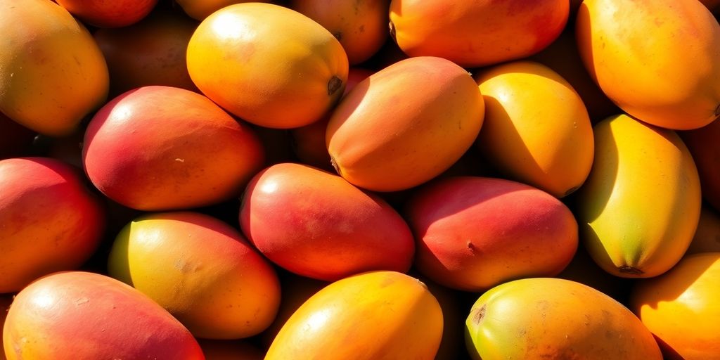 Ripe mangoes displayed in a sunny fruit stand.