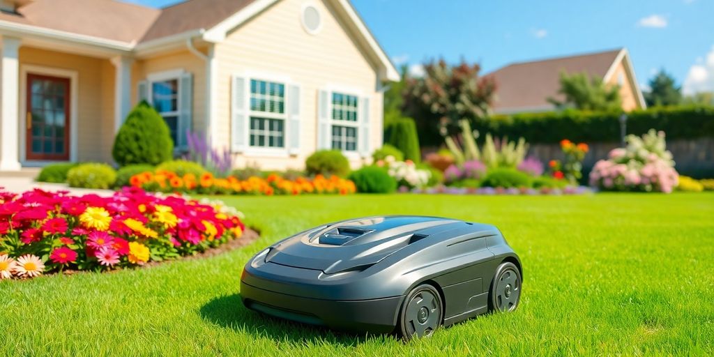 Robotgräsklippare klipper gräset i en trädgård.