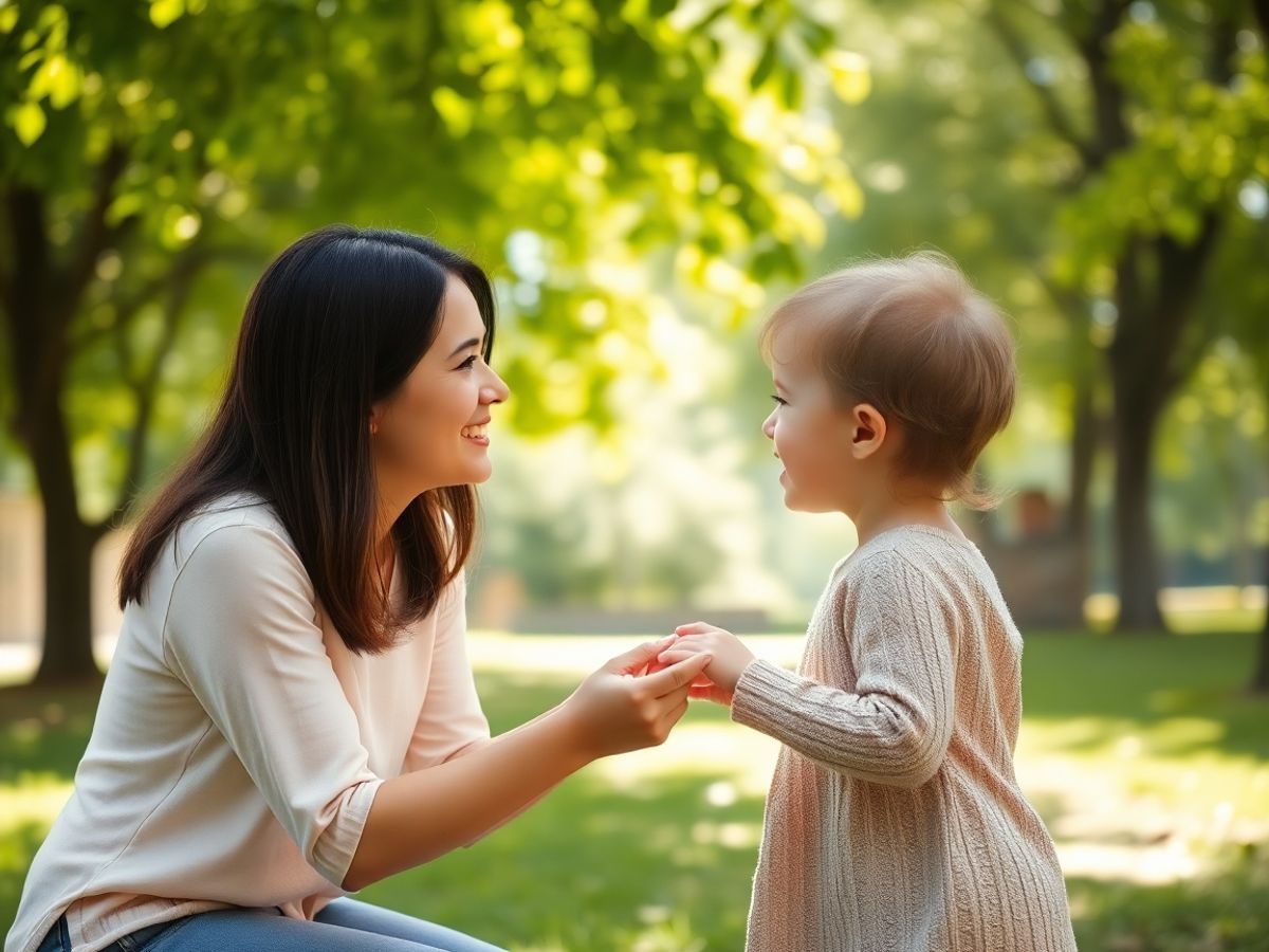 Mamă și copil zâmbind, ținându-se de mână într-un parc luminos