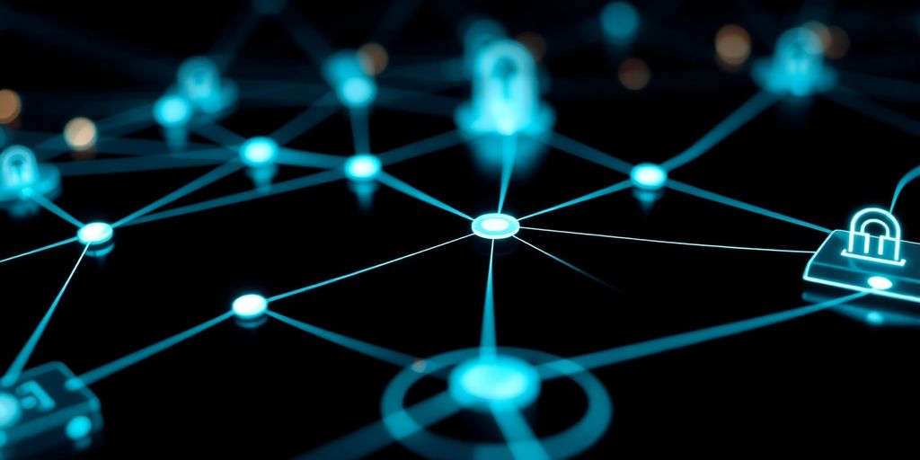 Close-up of a secure digital network with devices.