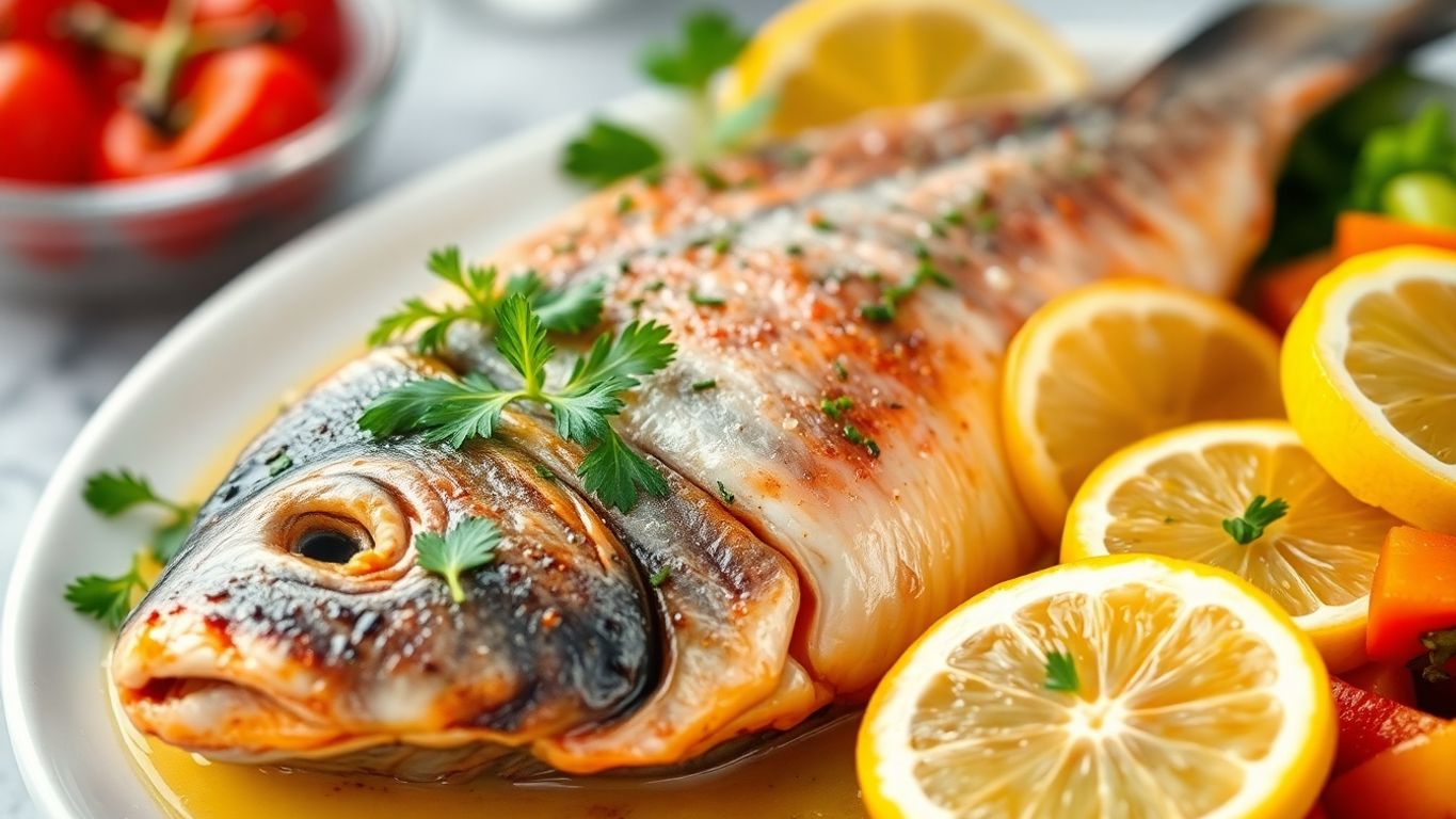 Plate of fatty fish with herbs and lemon slices.