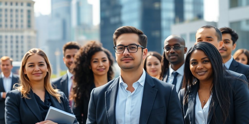 Professional standing, connecting, diverse people, city background.