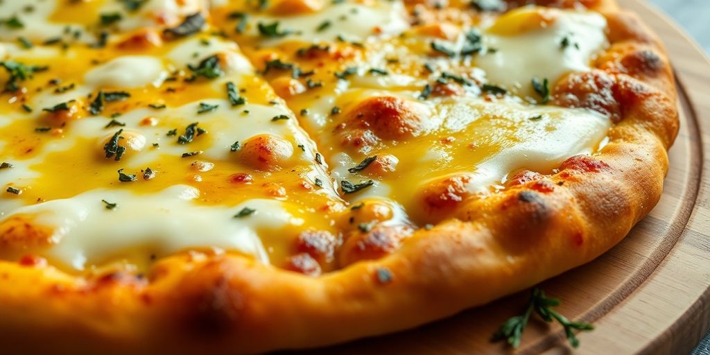 Delicious garlic butter sauce pizza on a wooden board.