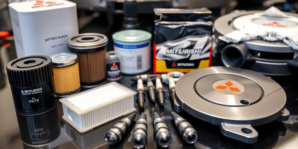 Mitsubishi car parts arranged neatly on a workshop table.