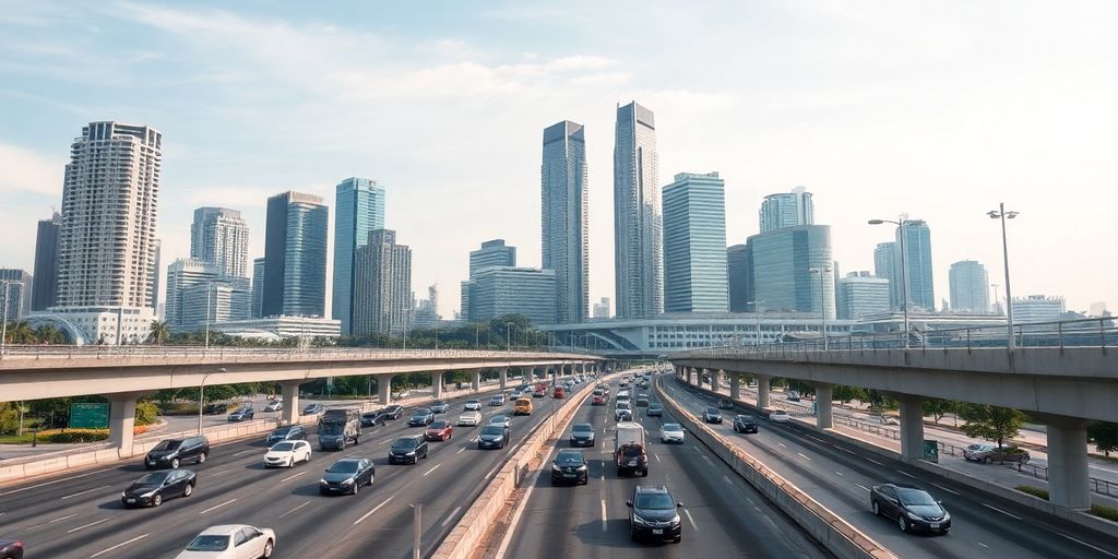 Cars on busy Singapore highway, city skyline background.