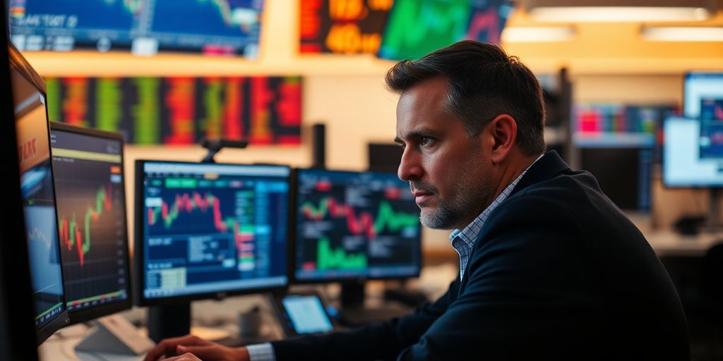 Trader focused on options trading strategies in an office.