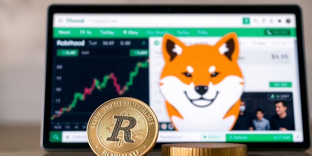 Shiba Inu coin beside Robinhood trading platform.