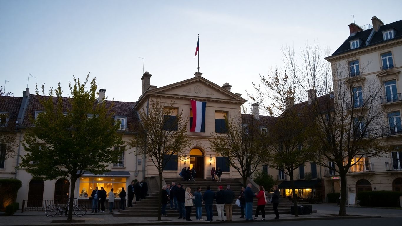 Citoyens devant mairie française au crépuscule, drapeaux, maisons voisines, calme.
