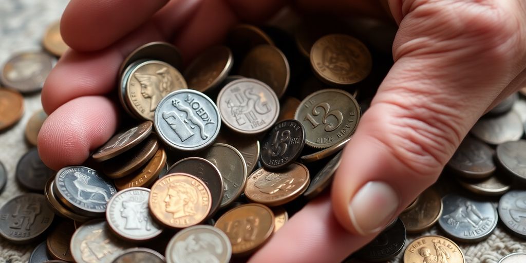 Hand sorting through vintage coins on a table.