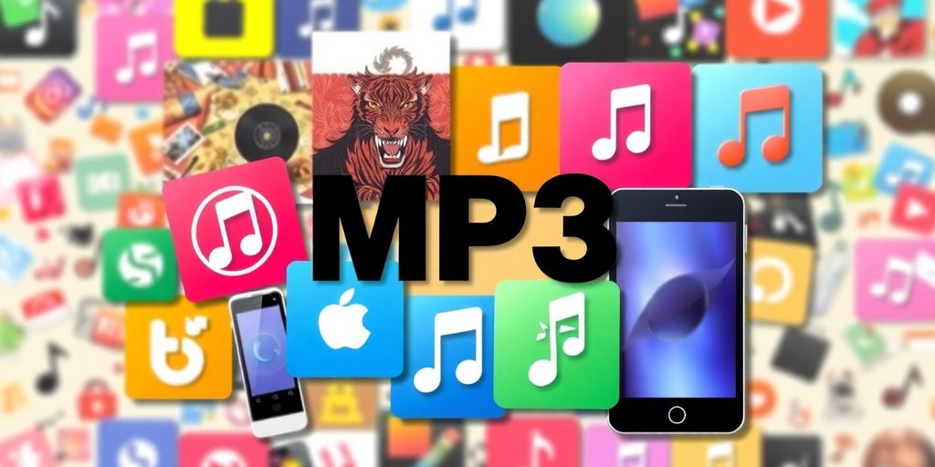 Collage of music download icons and album covers.