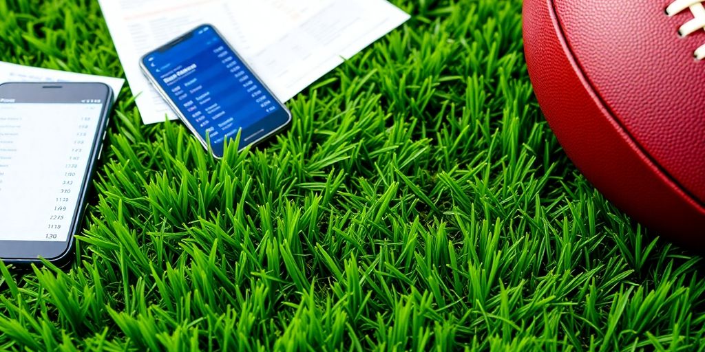 Football with betting slips on green field background.