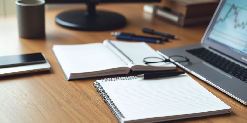 Trading desk with tools for options trading journal.