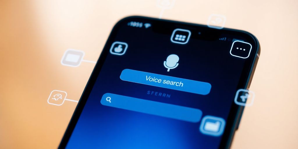 Smartphone with voice assistant interface and digital search icons.