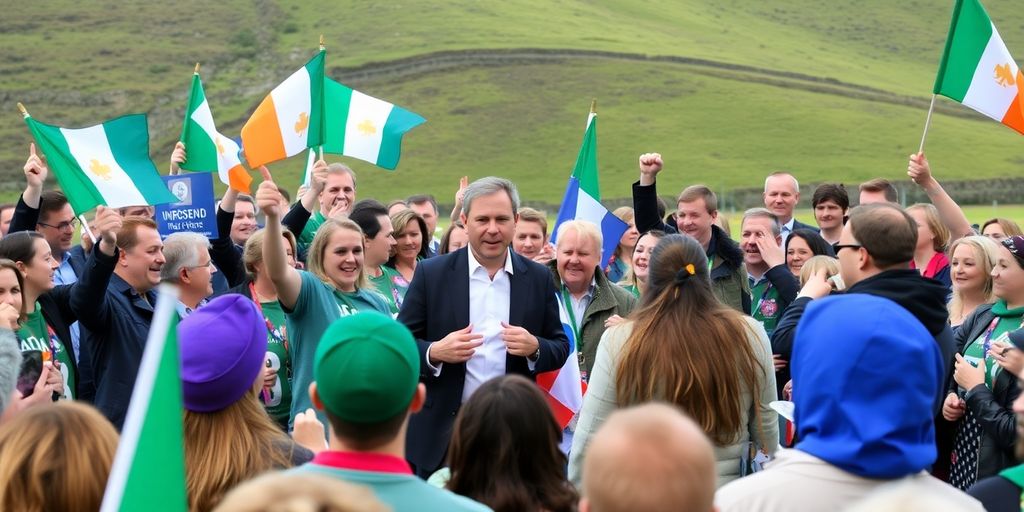 Scène électorale en Irlande avec des supporters enthousiastes.