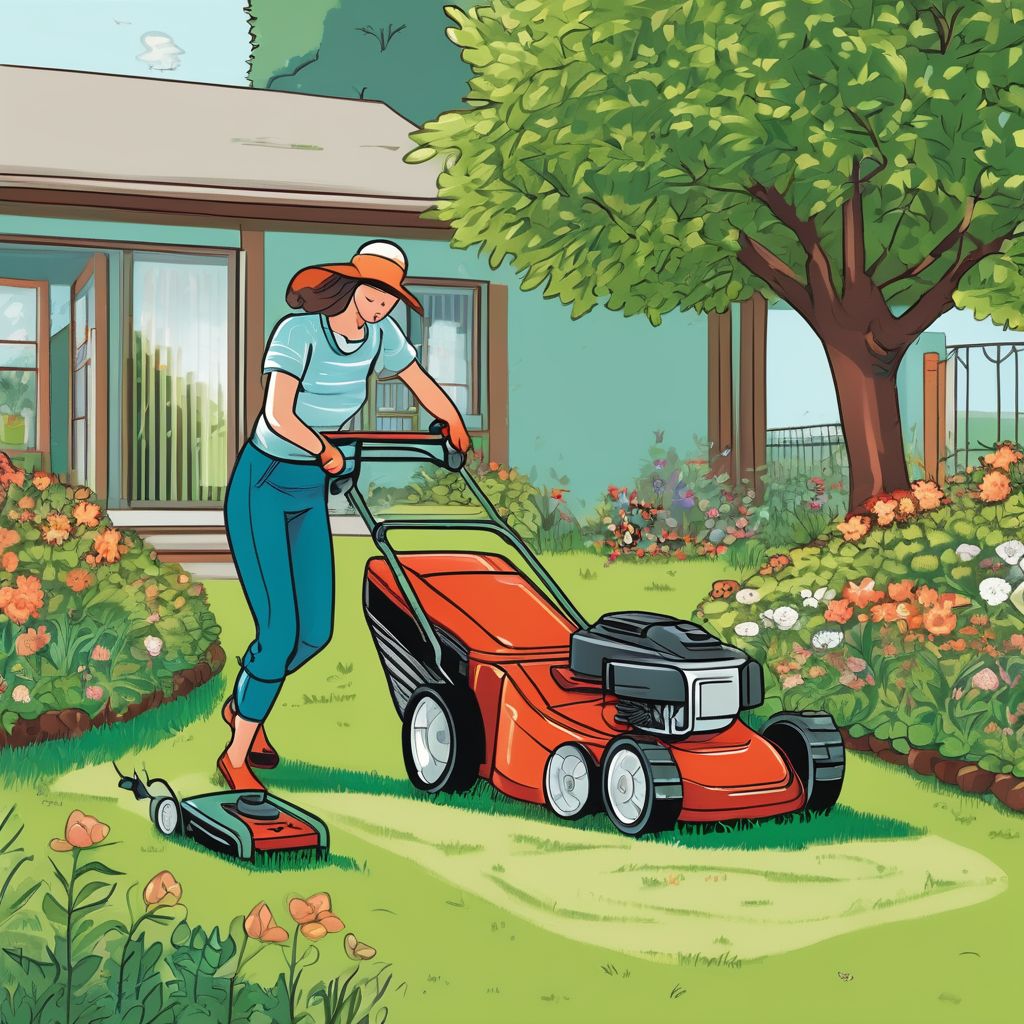 person mowing the lawn in a garden