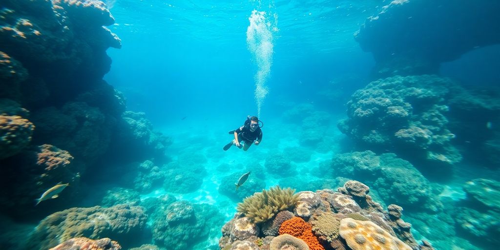 Diver swimming through vibrant coral reef in Rangiroa.