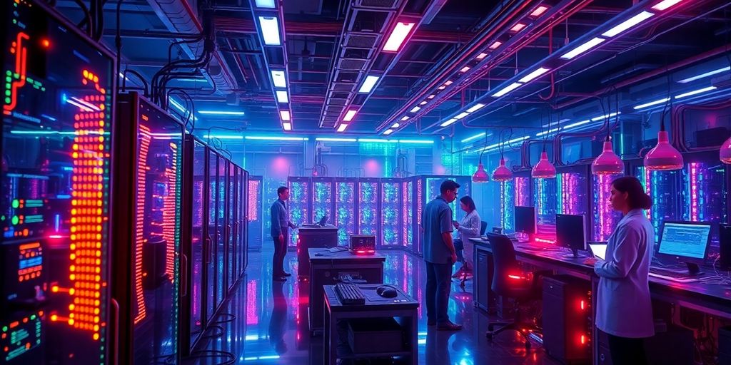Futuristic quantum AI lab with glowing technology and researchers.