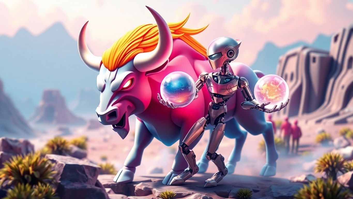 3D illustration of a stylized bull and a digital robot.